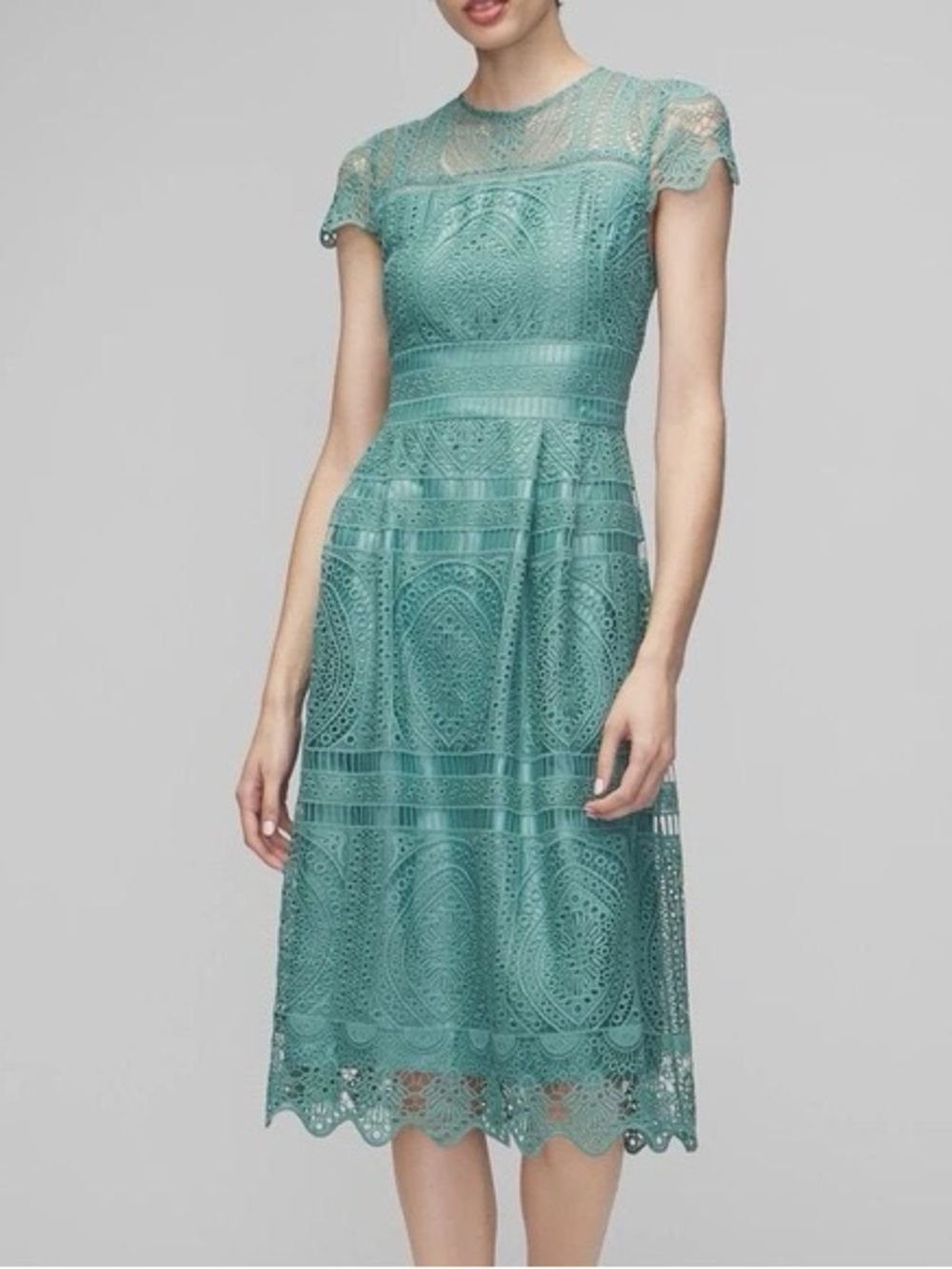 Teal Lace Fit-and-Flare Midi Dress